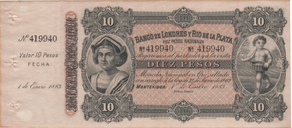 Uruguay 1883 10 Pesos Remainder P# S242 Extremely Fine product image