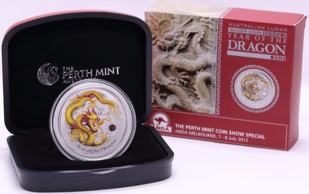 2012 Silver 1oz Coloured Coin Lunar Yellow Dragon product image