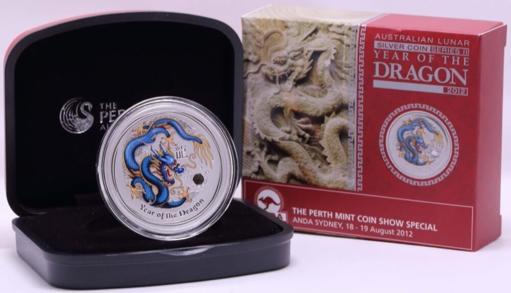 2012 Silver 1oz Coloured Coin Lunar Blue Dragon product image