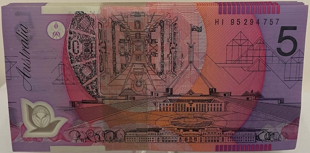 1995 $5 Note Bundle of 100 Narrow Orientation Bands Fraser/Evans R217ai Uncirculated product image