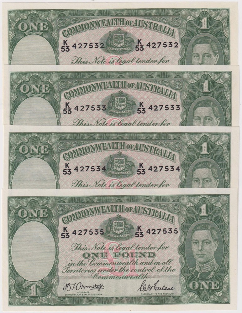1942 One Pound Consecutive Run of 4 Armitage/McFarlane R30B about Uncirculated product image