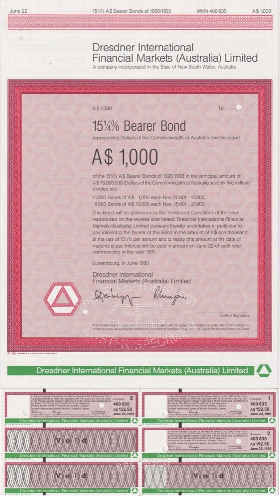 One Thousand Dollar Specimen Bearer Bond 1990 Dresdner Australia product image