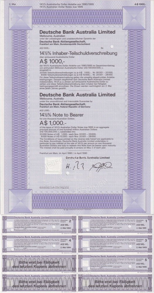 One Thousand Dollar Specimen Bearer Bond 1990 Deutsche Bank Australia product image
