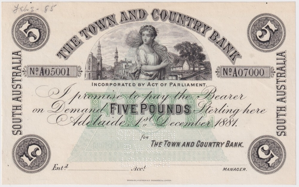 Town and Country Bank (Adelaide) 1885 Five Pound Unissued Specimen Note MVR# 2 Uncirculated product image