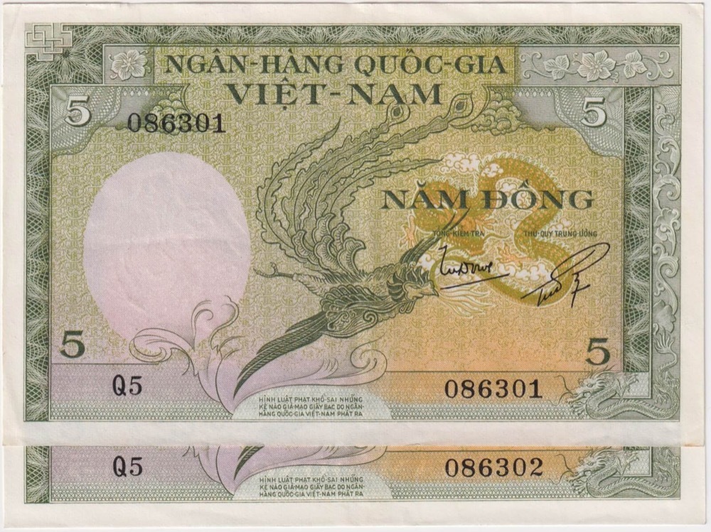 South Vietnam 1955 P# 2a 5 Dong Consecutive Pair Extremely Fine product image