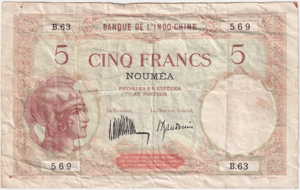 New Caledonia 1926 P# 36b 5 Francs Very Fine product image