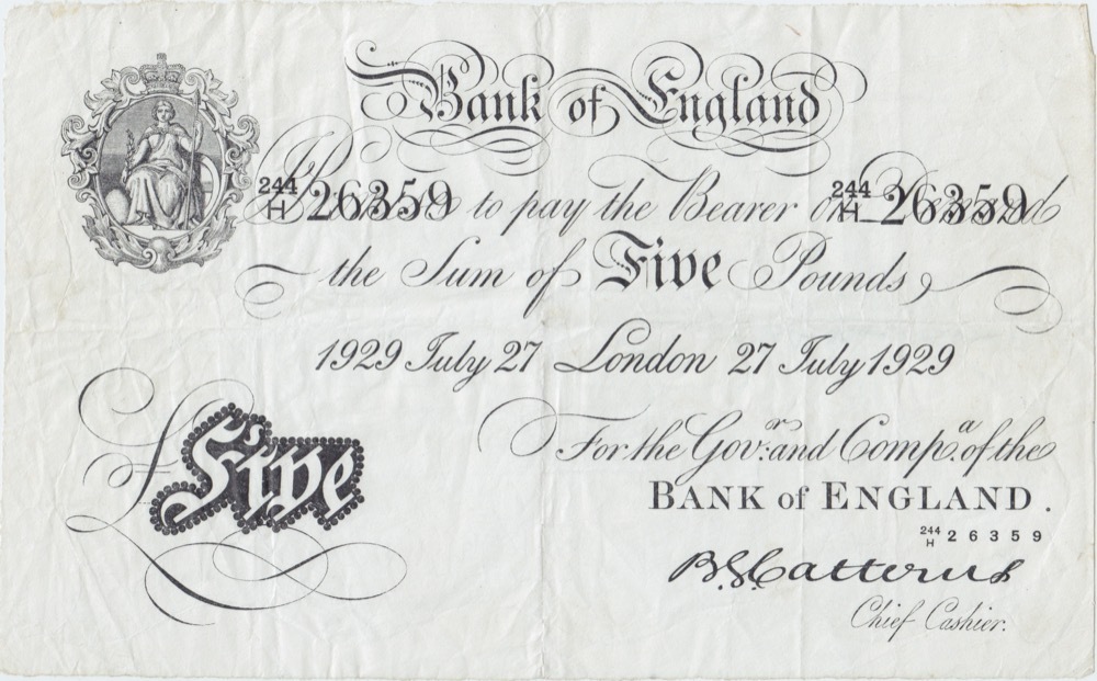 Great Britain 1929 5 Pounds White Note London Pick#328a good VF product image