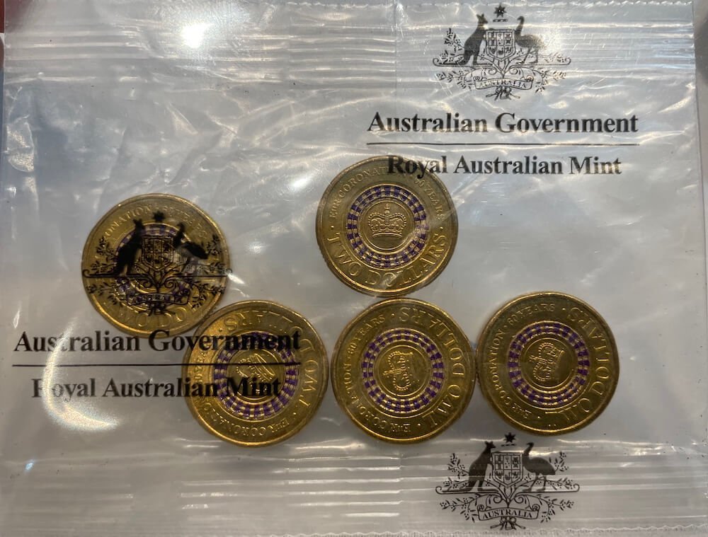 2013 Coloured 2 Dollar Mint Bag of 5 Coins Purple Crown Coronation product image
