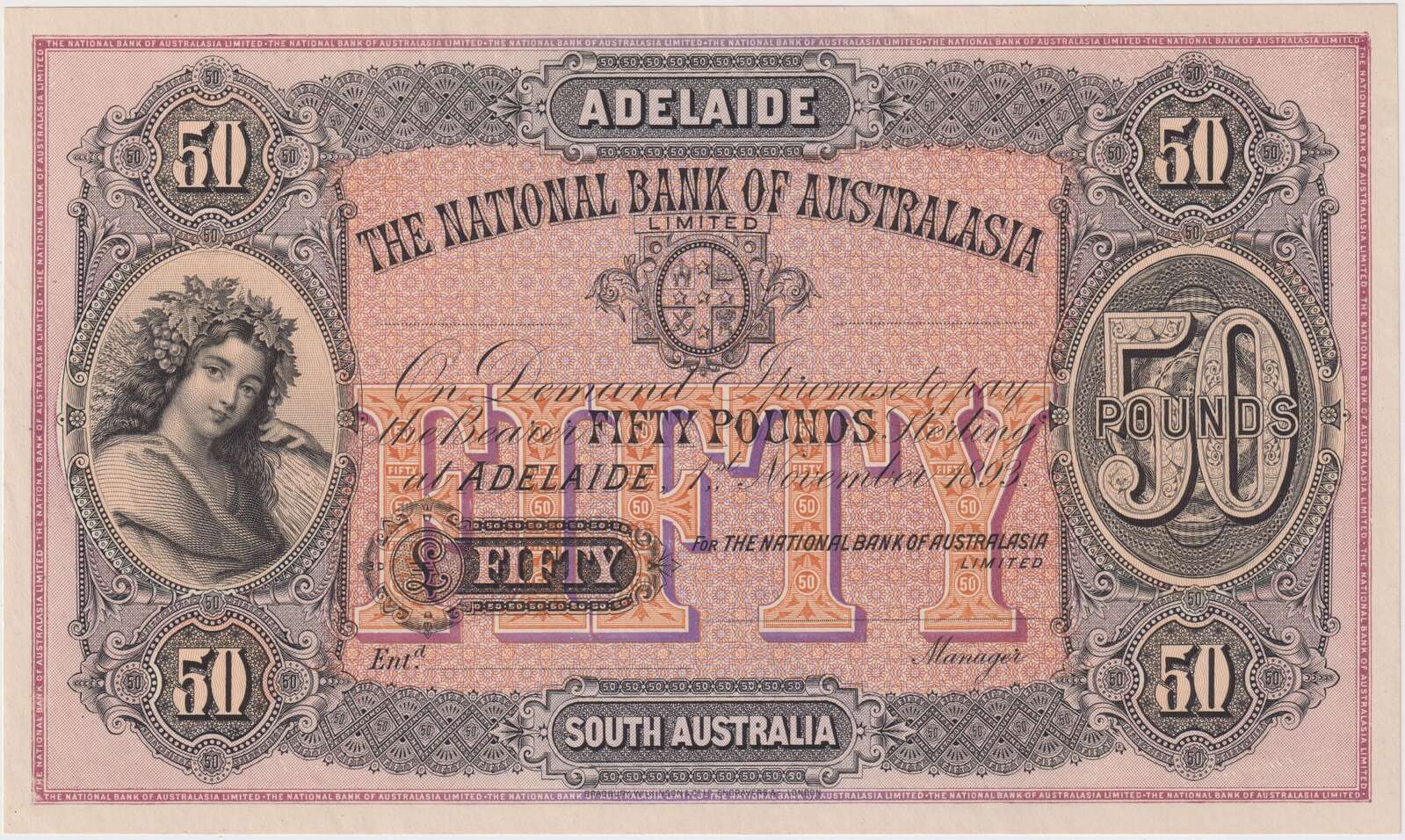 National Bank of Australasia (Adelaide) 1893 50 Pounds Unissued Colour Trial Specimen MVR# 4 Uncirculated product image