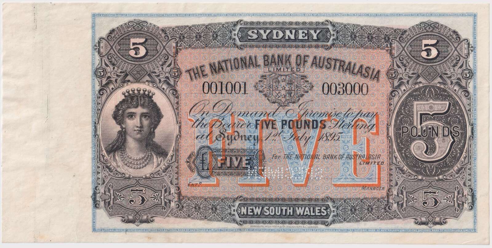 National Bank of Australasia (Sydney) 1895 5 Pounds Unissued Specimen Note MVR# 4b Uncirculated product image