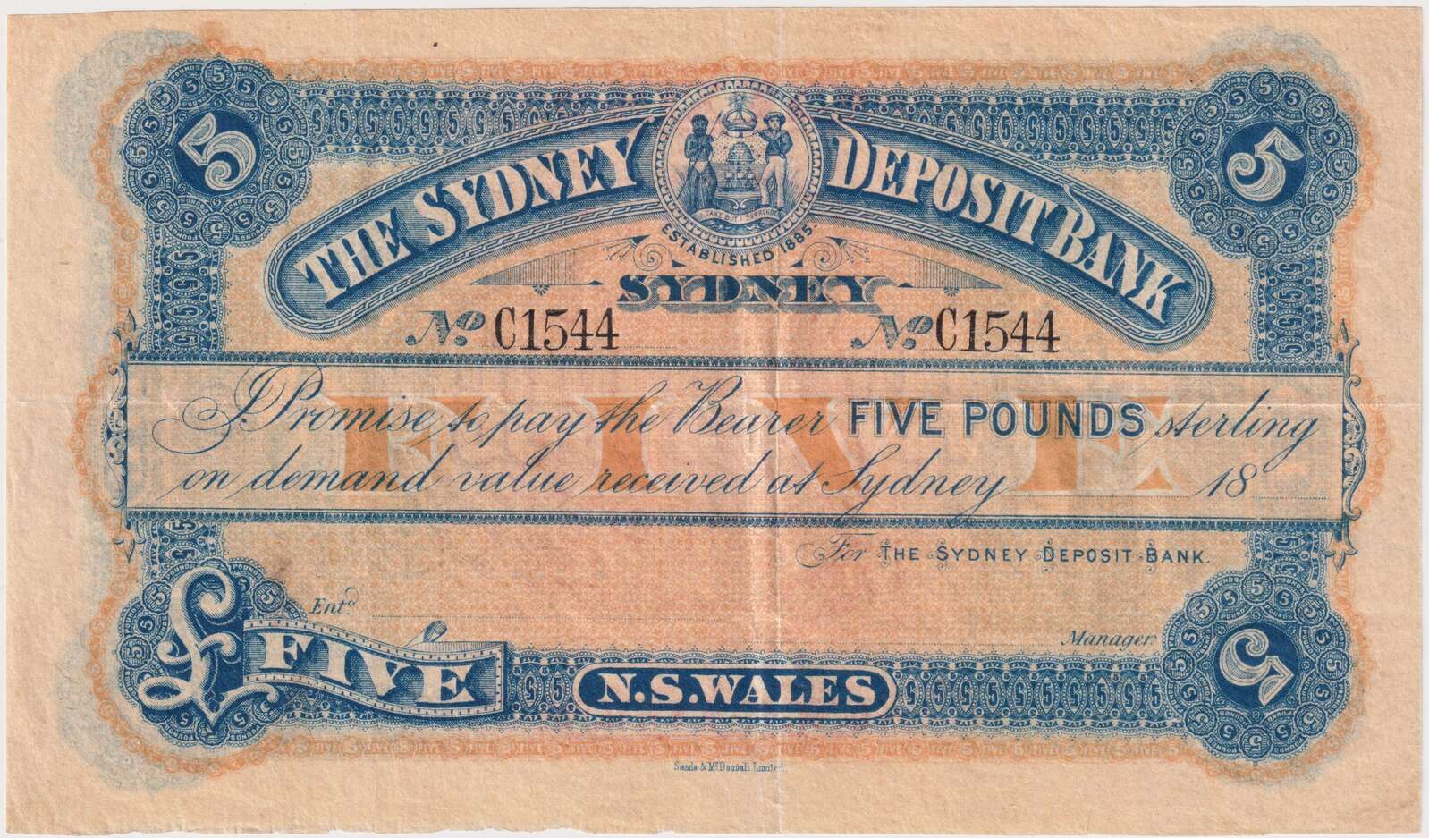 Sydney Deposit Bank (Sydney) Undated 5 Pound Unissued Remainder MVR# 1 Extremely Fine product image