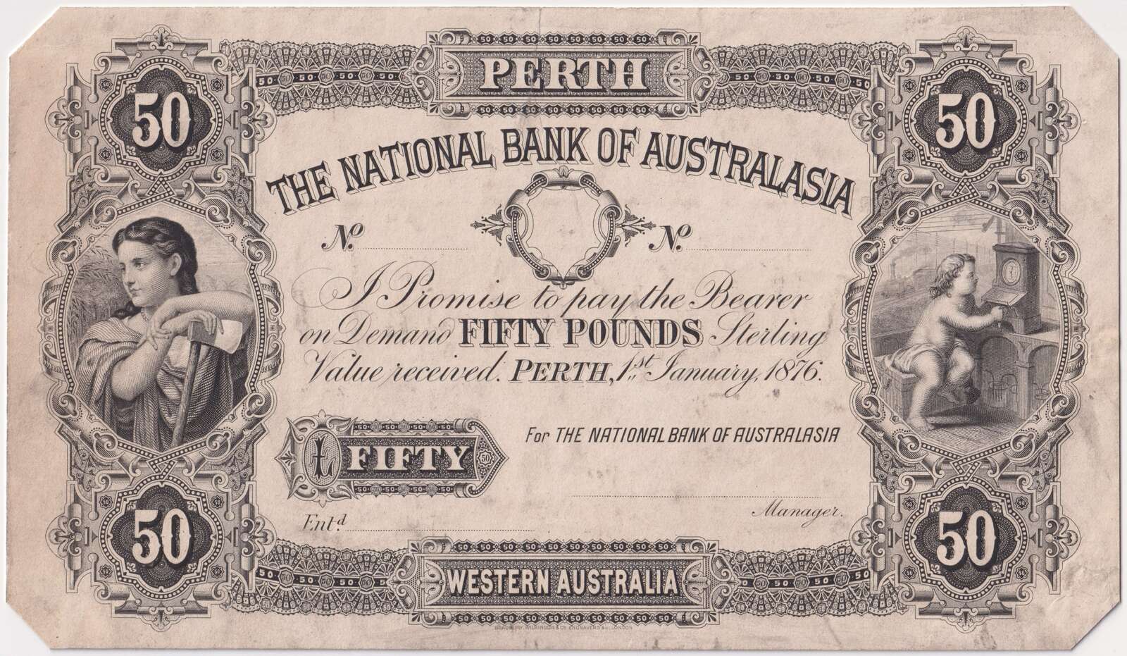 National Bank of Australasia (Perth) 1876 50 Pounds Unissued Printer's Proof MVR# 4a EF product image