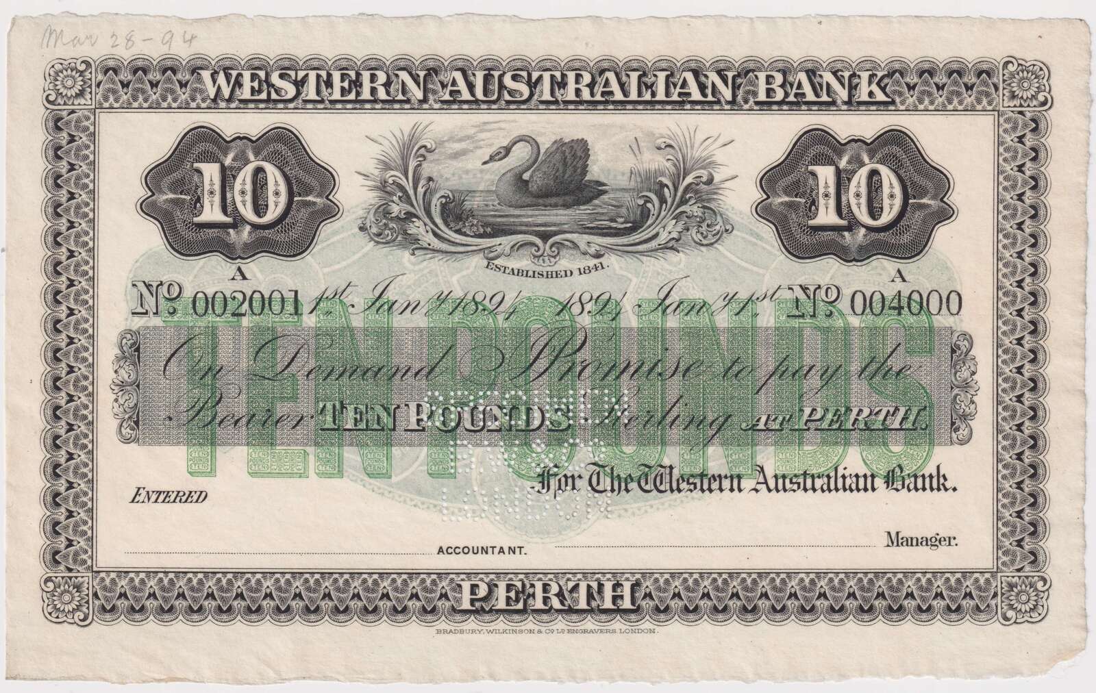 Western Australian Bank (Perth) 1894 10 Pounds Unissued Specimen Note MVR# 3c Uncirculated product image