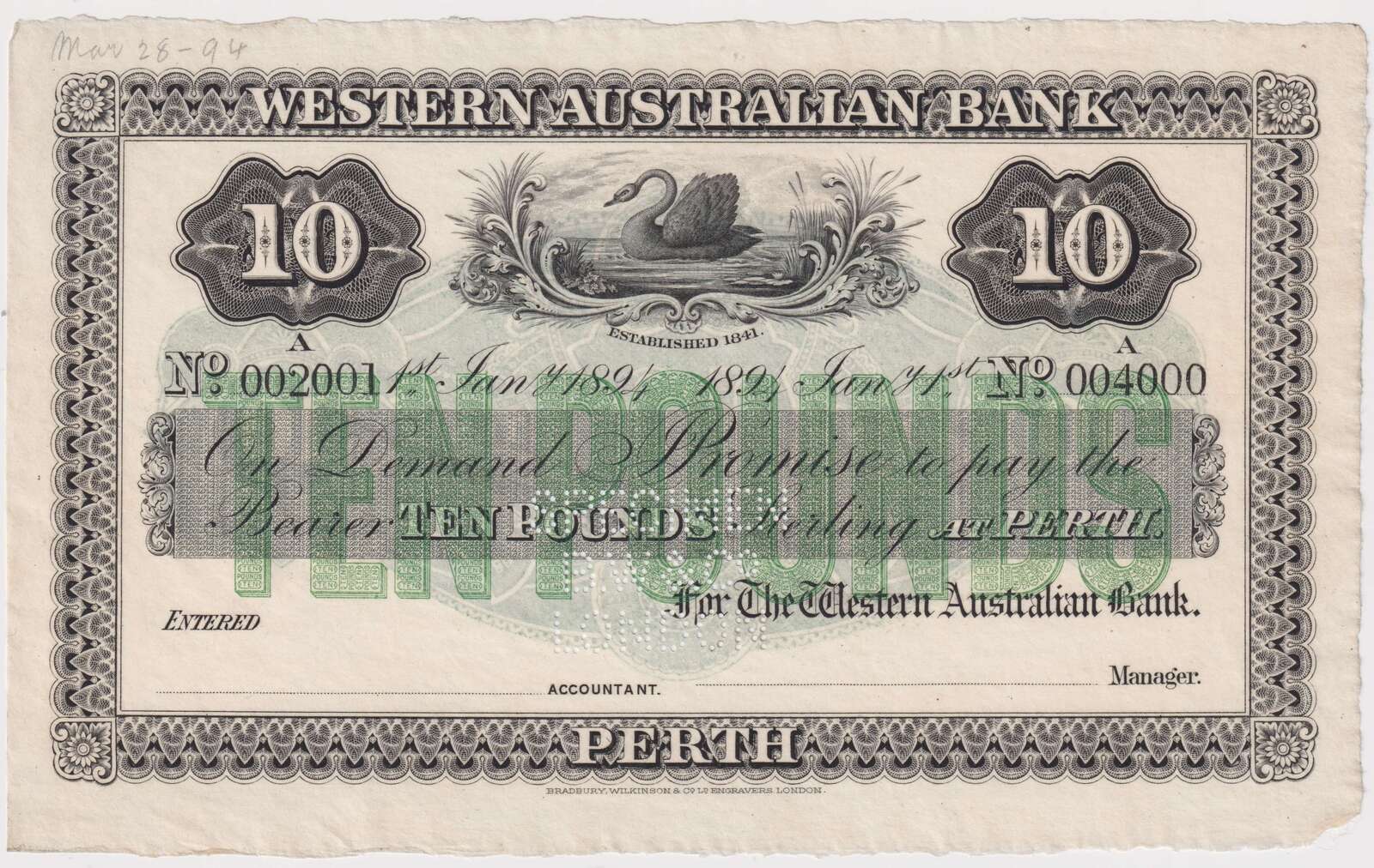 Western Australian Bank (Perth) 1906 10 Pounds Unissued Specimen Note MVR# 3c Uncirculated product image