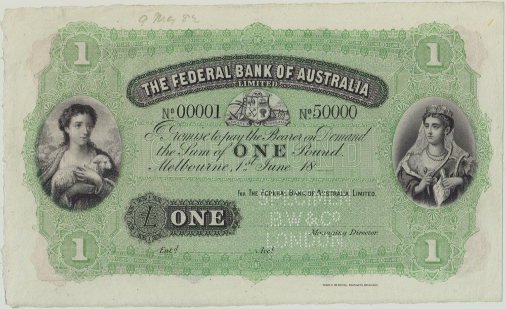 Federal Bank of Australia (Melbourne) ca 1882 1 Pound Unissued Specimen Note MVR# 1 Uncirculated Serials: 0001 - 50000 product image