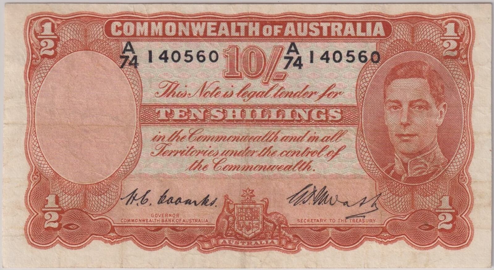 1949 Ten Shilling Coombs/Watt A/74 Last Prefix R14L PCGS VF20 product image