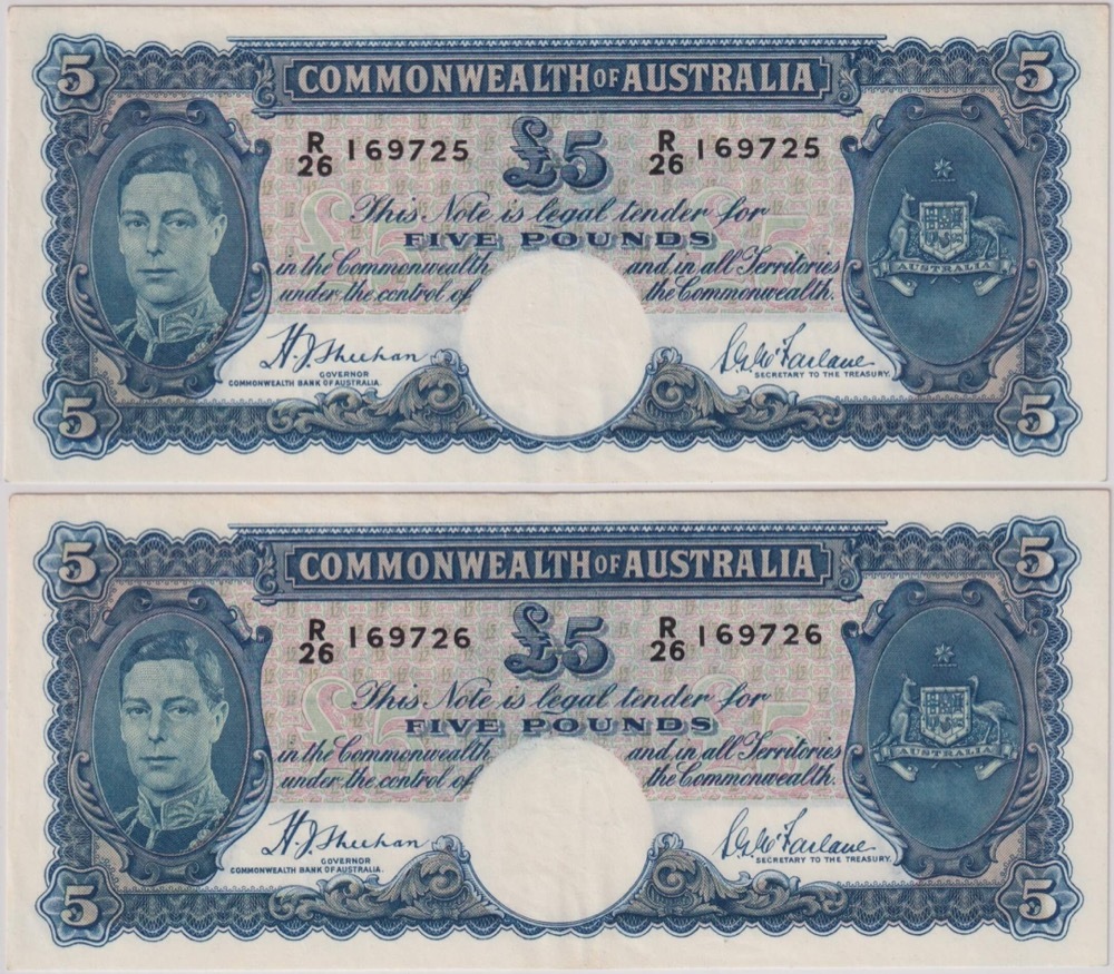 1939 Five Pound Consecutive Pair Sheehan/McFarlane R45 PMG AU53 product image