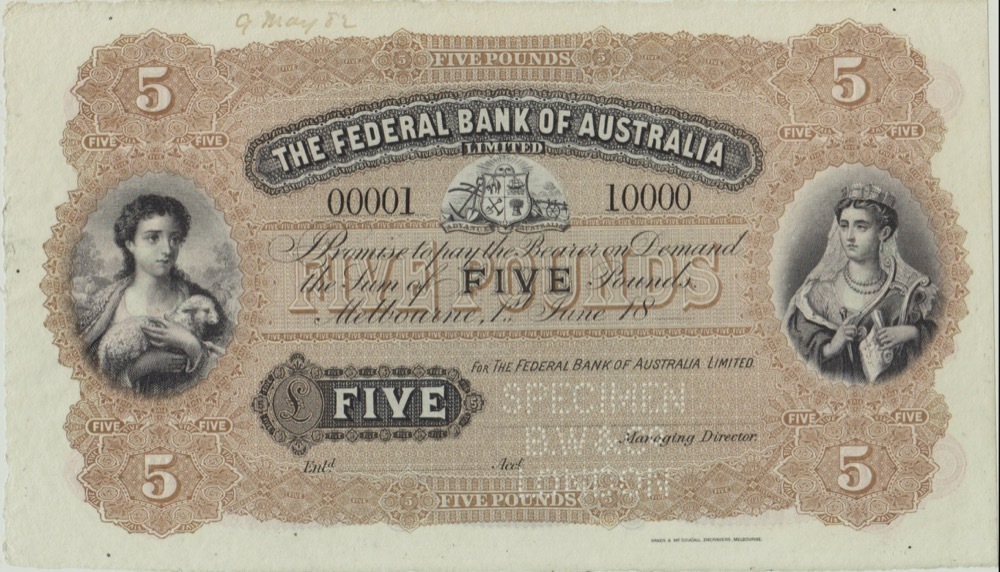 Federal Bank of Australia (Melbourne) ca 1882 5 Pounds Unissued Specimen Note MVR# 1 Uncirculated Serials: 00001 - 10000 product image
