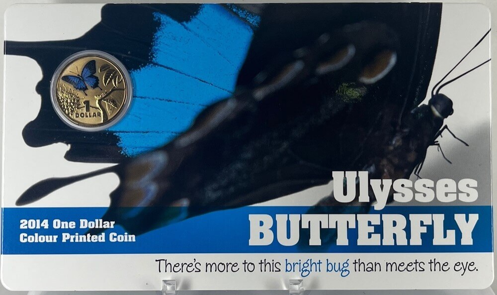 2014 1 Dollar Coloured Carded Coin - Bright Bugs Ulysses Butterfly product image