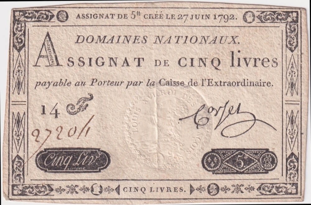 France 1792 5 Livres Assignat A# 60 Extremely Fine product image