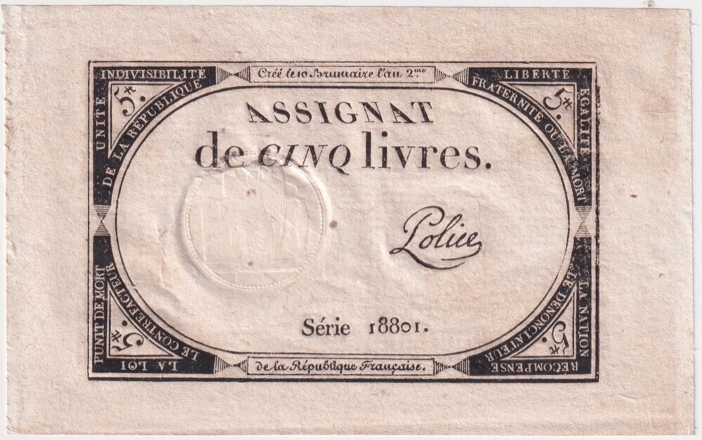France 1793 5 Livres Assignat A# 76 good EF product image
