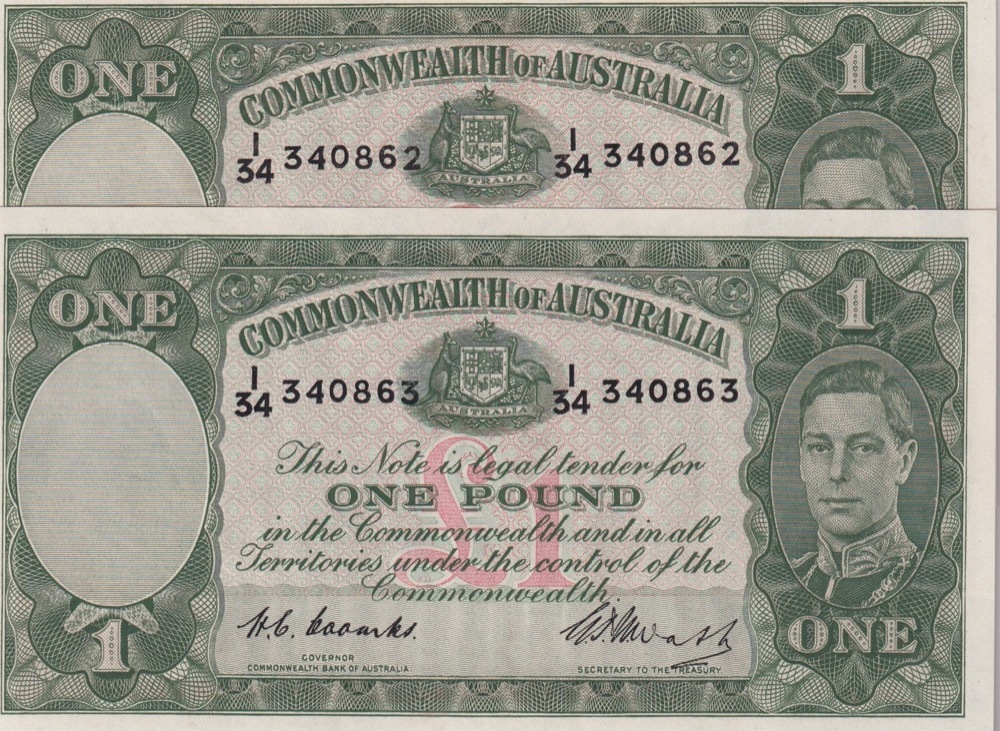 1949 One Pound Consecutive Pair Coombs/Watt R31 Uncirculated product image