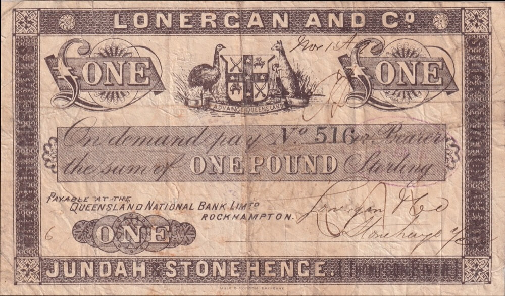 Lonergan 1890 Shinplaster for 1 Pound (Thompson River QLD) Fine product image