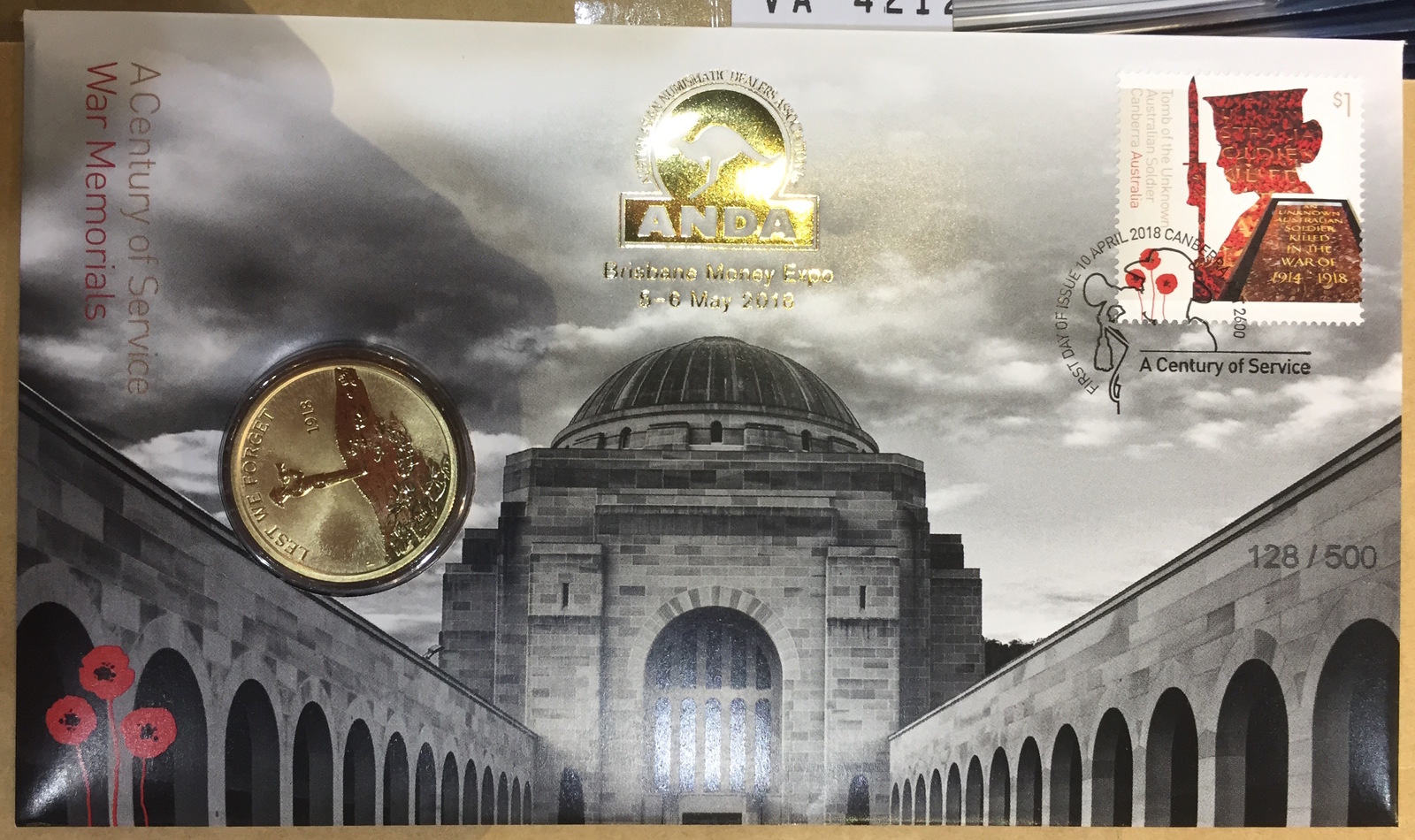 2018 1 Dollar War Memorial PNC - Brisbane Money Expo Gold Overprint product image