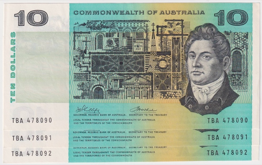 1974 $10 Note Consecutive Trio Australia Phillips/Wheeler R305 good EF product image