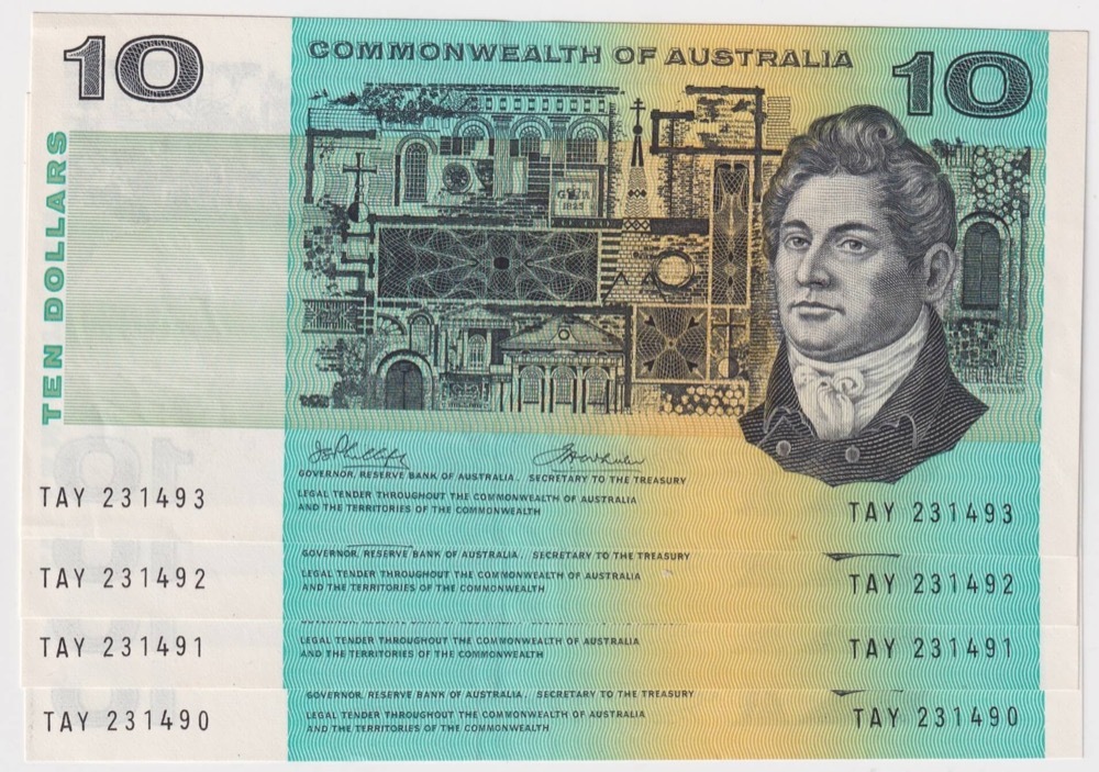 1974 $10 Note Consecutive Run of 4 Australia Phillips/Wheeler R305 good EF product image