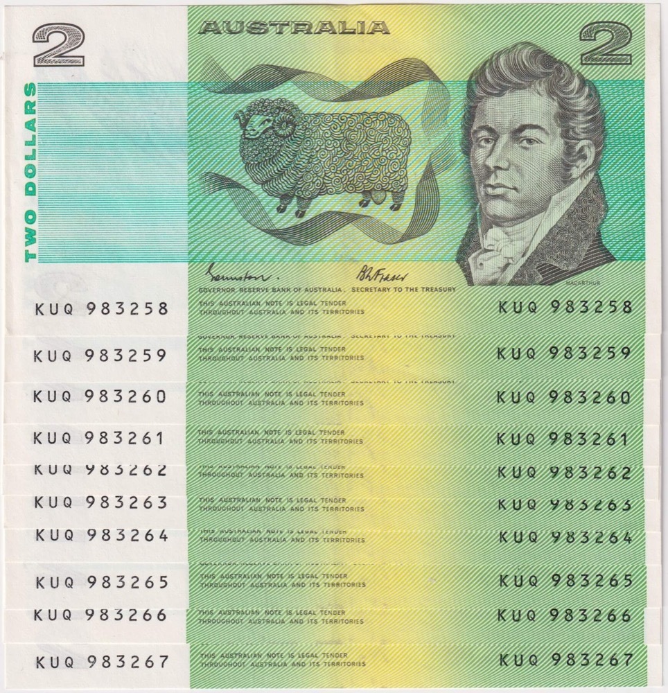 1985 $2 Note Consecutive run of 10 Johnston/Fraser R89 good EF product image