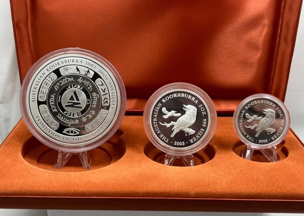 2003 Silver Proof Three Coin Set (10oz 2oz 1oz) Evolution of The Alphabet product image