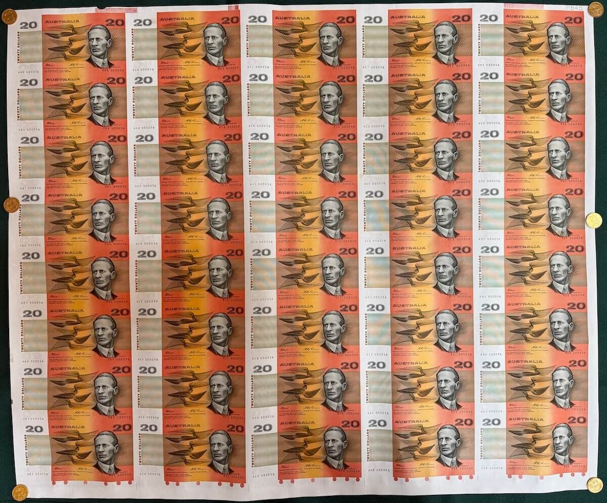 1995 20 Dollar Uncut Sheet of 40 Paper Notes product image