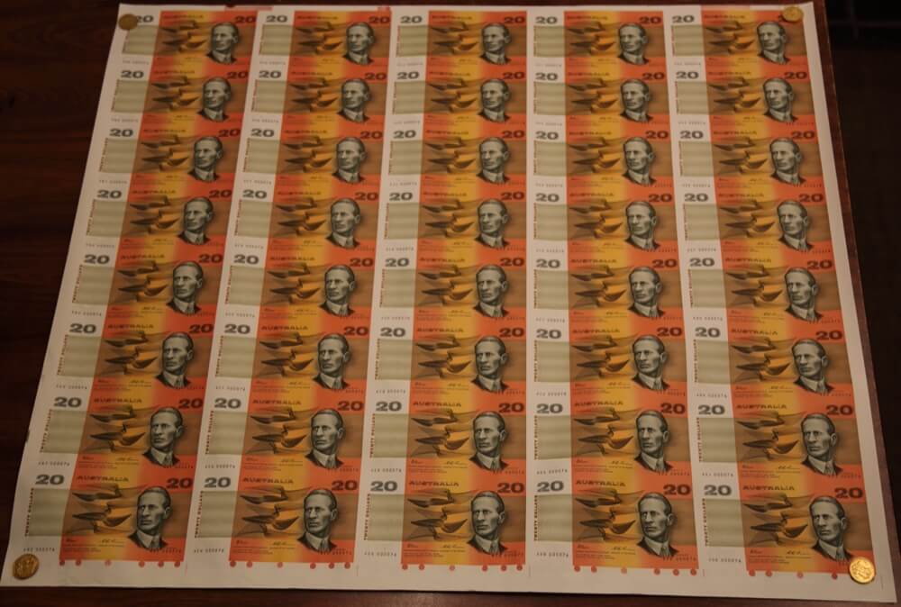 1995 Uncut Sheet of 20 Dollar Paper Notes product image