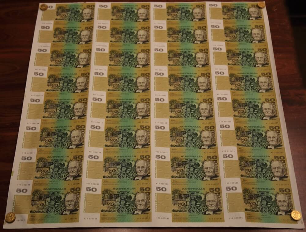 1996 Uncut Sheet of 50 Dollar Paper Notes product image