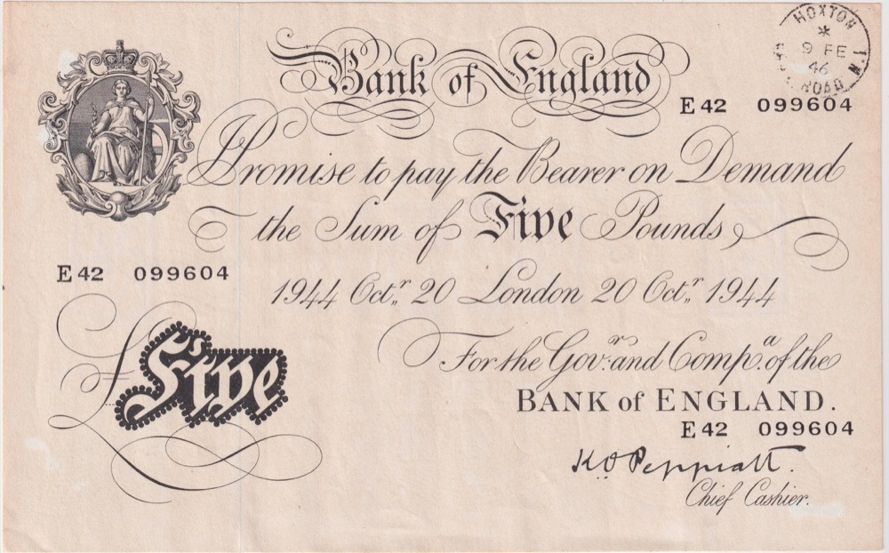 Bank of England 1944 5 Pounds Peppiatt Pick#342 Extremely Fine product image