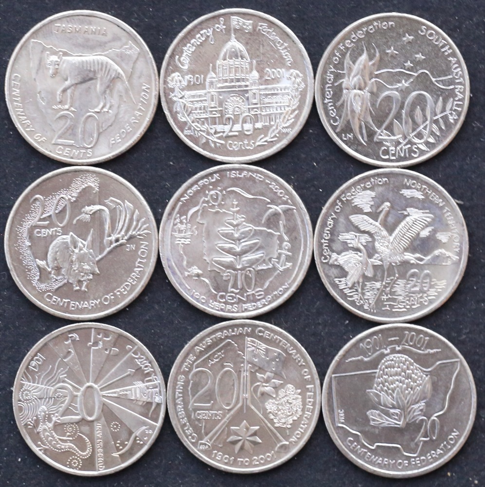 Australia 2001 Set of 9 20 Cent Coins Centenary of Federation Average Circulated product image