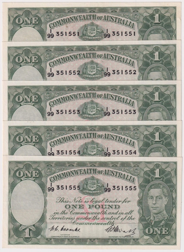 1949 One Pound Consecutive Run of 5 Notes Coombs/Watt R31 Extremely Fine product image