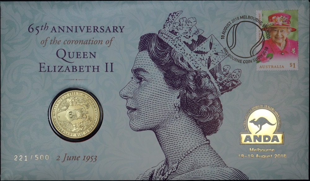 2018 1 Dollar PNC QEII Coronation 65th Anniversary - Melbourne Money Expo Gold Overprint product image