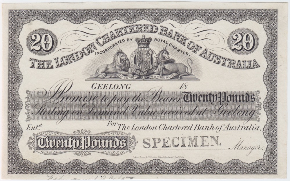 London Chrtered Bank of Australia (Geelong) 20 Pounds Unissued Printer's Proof MVR# 1a good EF product image