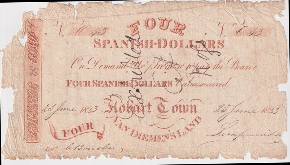 1823 Van Diemen's Land 4 Spanish Dollars Promissory Note Lempreire Good product image