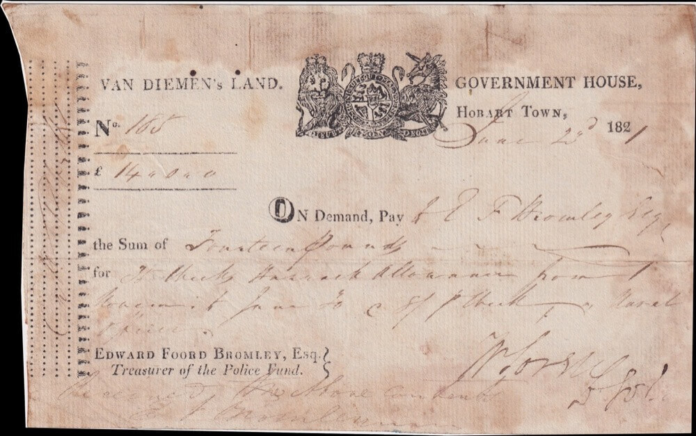Van Diemen's Land 1821 Police Fund Note for 14 Pounds # 185 about VF product image
