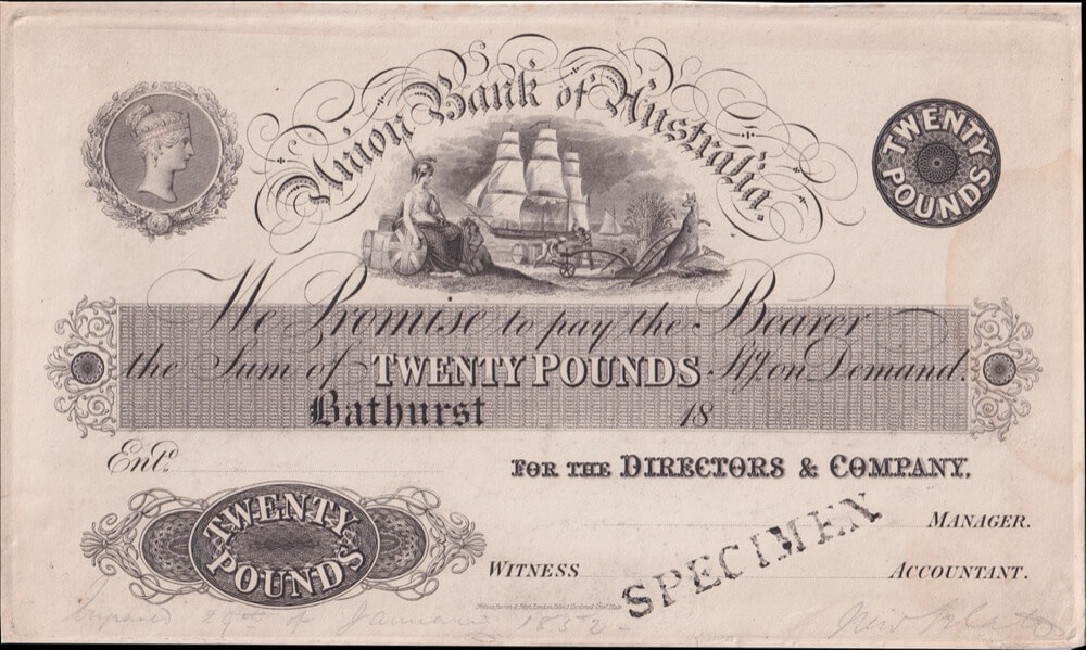 Union Bank of Australasia 1852 20 Pound Printer's Proof Printer's Proof MVR 1 Very Fine product image