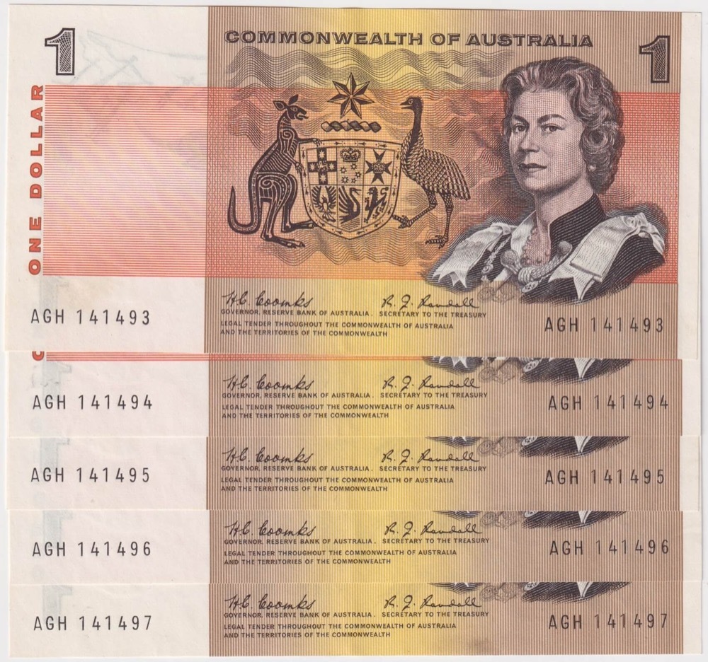 1968 $1 Note Consecutive Run of 5 Coombs/Randall R72 good EF product image