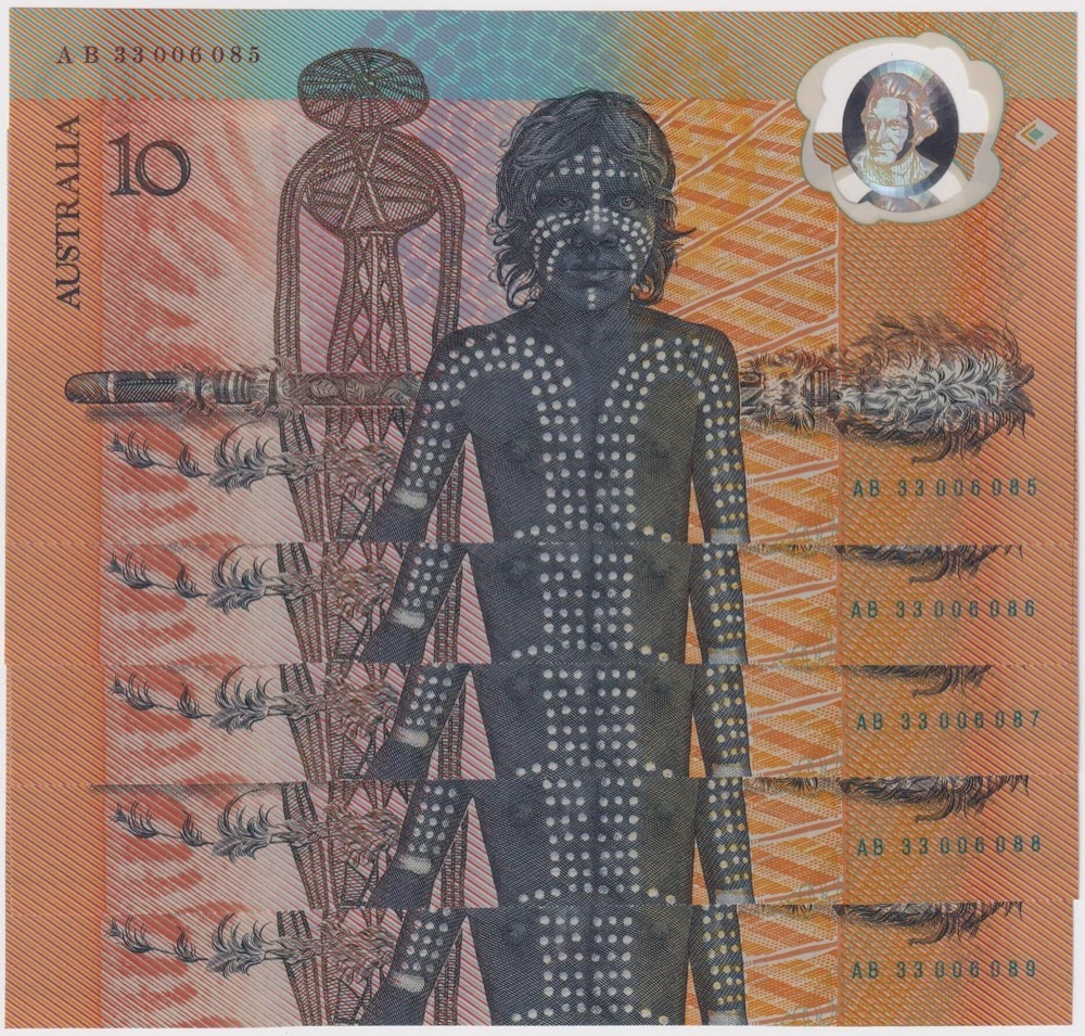 1988 $10 Note Bicentennial 2nd issue Johnston/Fraser R310B about Unc Run of 5 product image