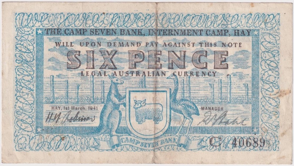 1941 Hay Internment Camp Sixpence Note Robinow / Stahl good VF product image