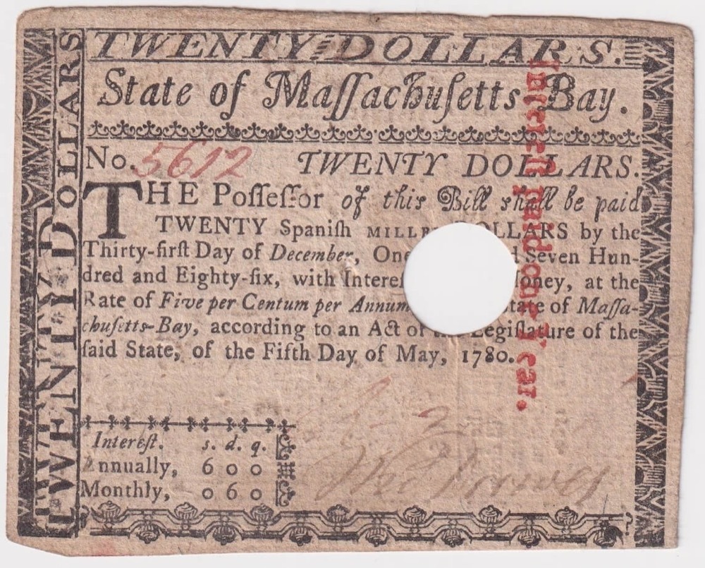 USA (Massachusetts) May 5th 1780 Cancelled 20 Dollar Note Fine product image