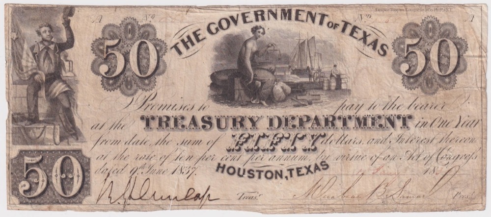 USA (Govt of Texas Treasury) 9.6.1837 Cancelled 50 Dollar Note product image