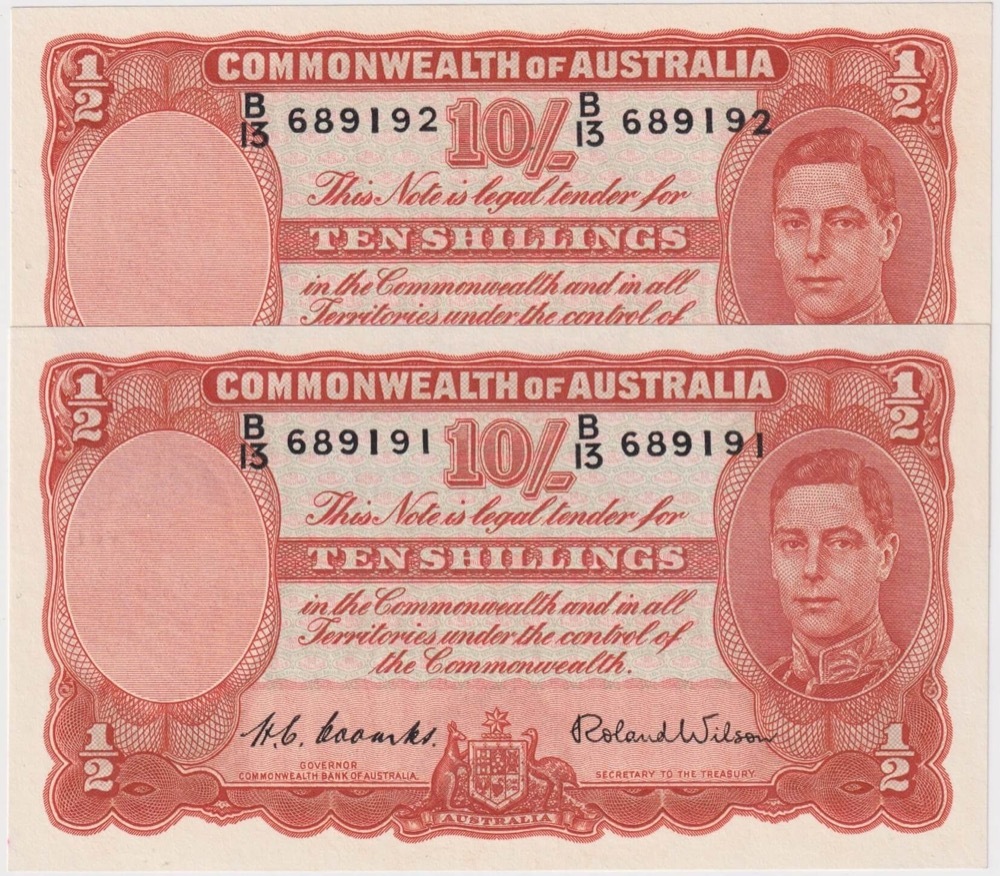 1952 Ten Shilling Consecutive Pair Coombs/Wilson R15 about Unc product image