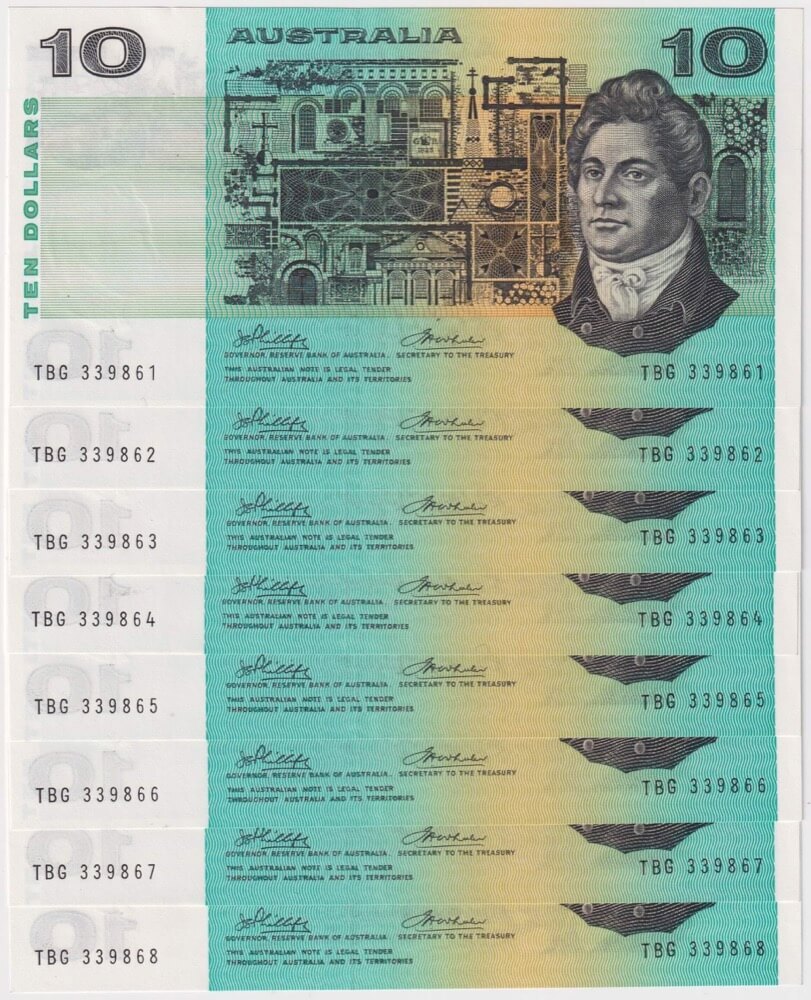 1974 $10 Note Consecutive Run of 8 Australia Phillips/Wheeler R305 about Unc product image